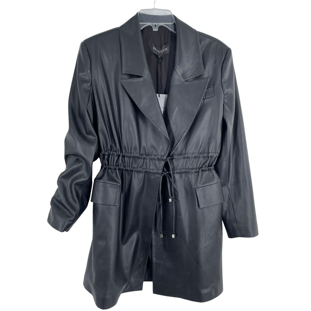 Selmacilek Womens Leather Trench Collar Mini Dress Flap Pockets Size S Black